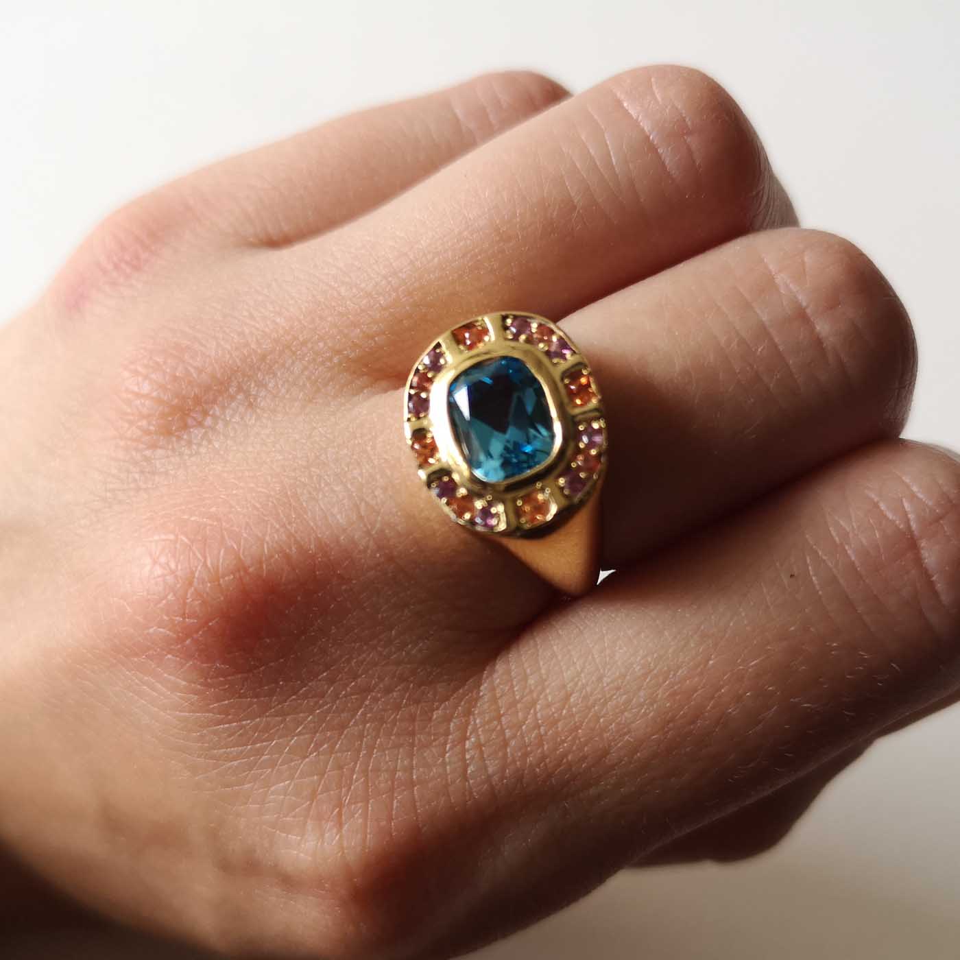 Sunray Halo Signet Ring in 14ct Gold and Gemstones
